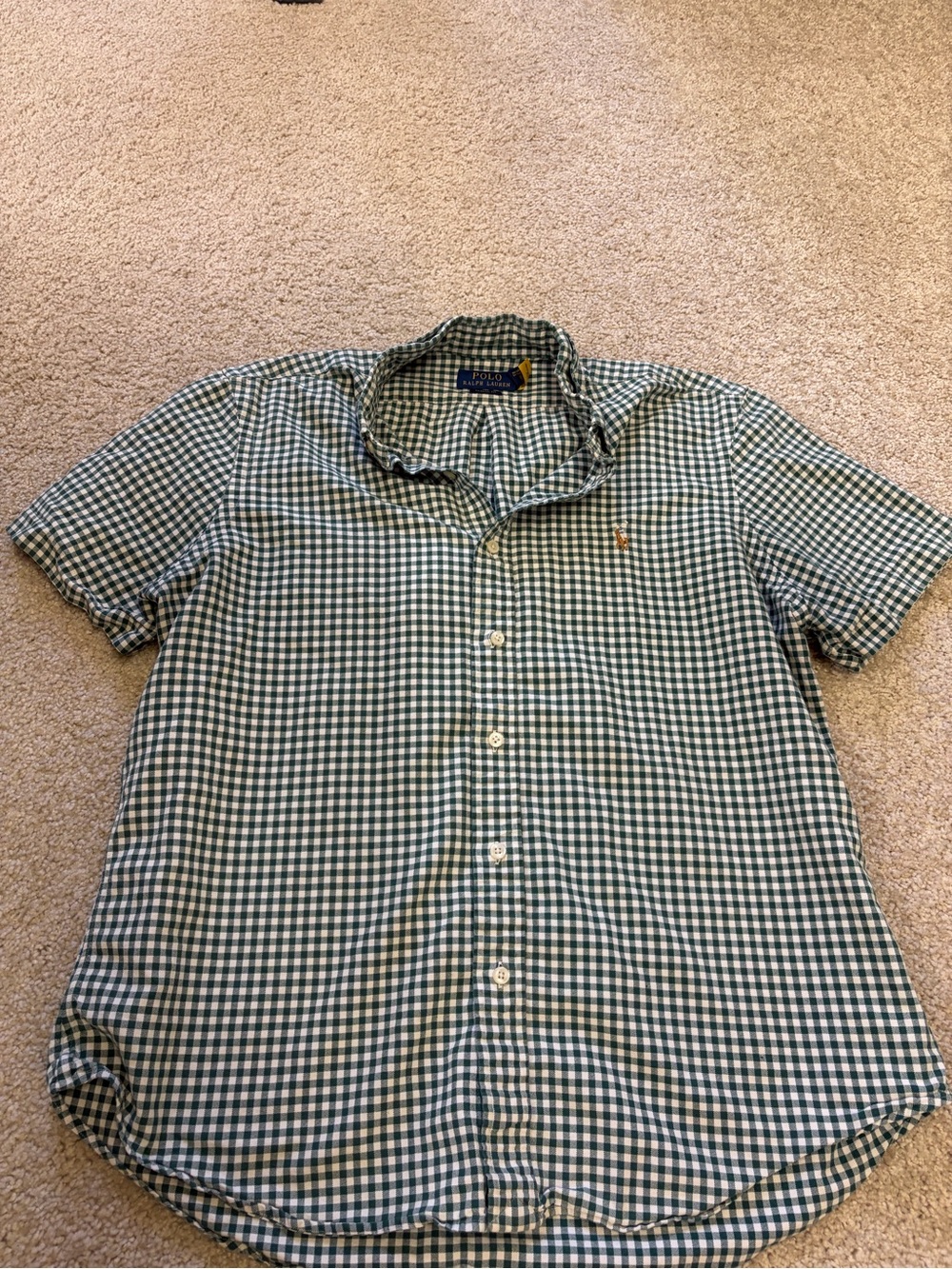 Ralph Lauren Green and White Check Short-Sleeve Button-Down Shirt